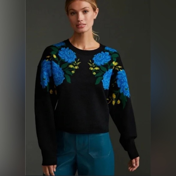 Maeve by Anthropologie Camryn Cropped Sweater Black w/ Blue & Yellow Floral - Picture 3 of 14